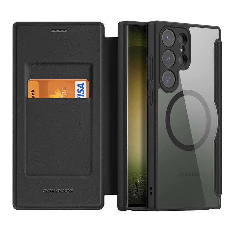 手帳型スマホケース 透明背面カード収納付き耐衝撃手帳型ケース