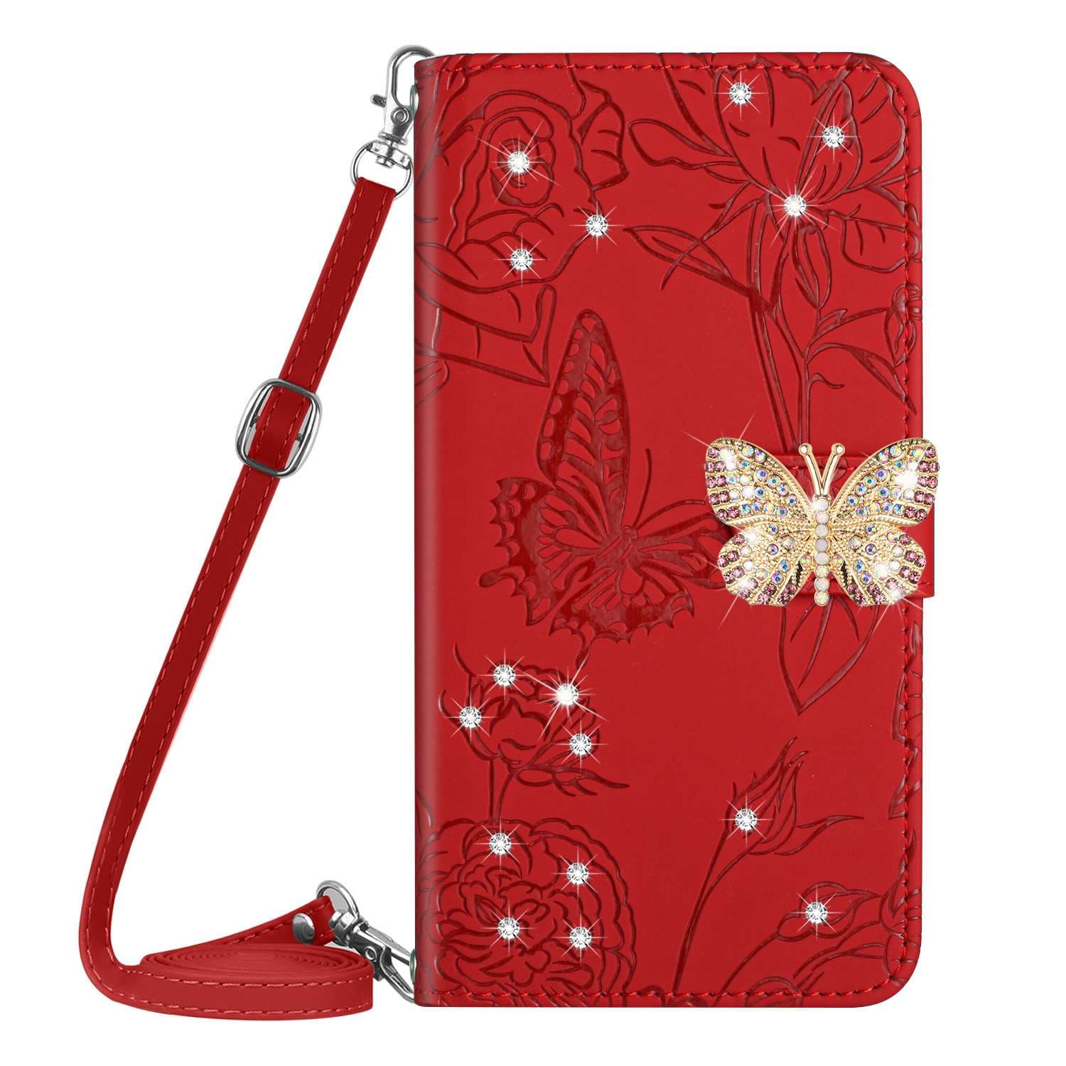 蝶々クリスタルチャーム付き花柄レザー手帳型iPhonケース