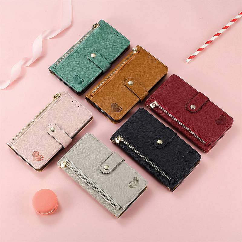 手帳型スマホケース ハート柄付き多機能