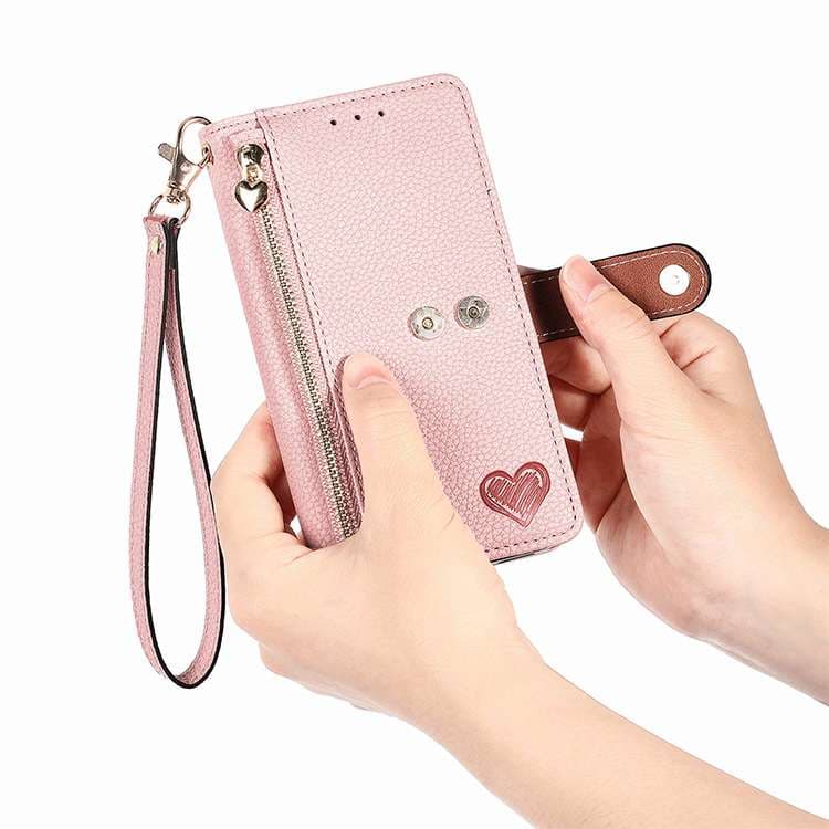 手帳型スマホケース ハート柄付き多機能