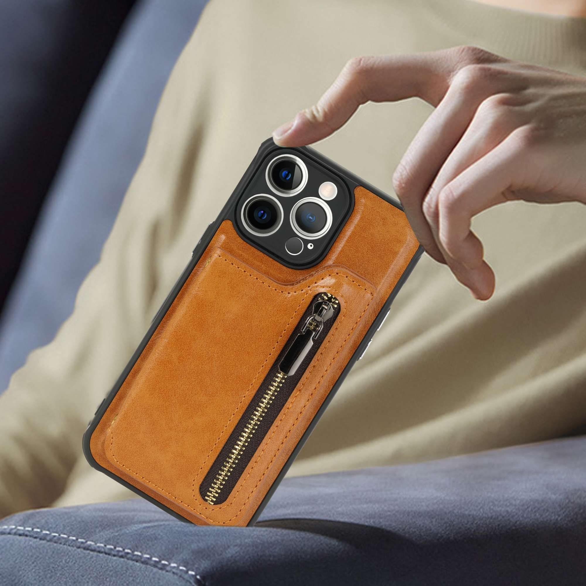 手帳型スマホケース ジッパー付き多機能レザーケース