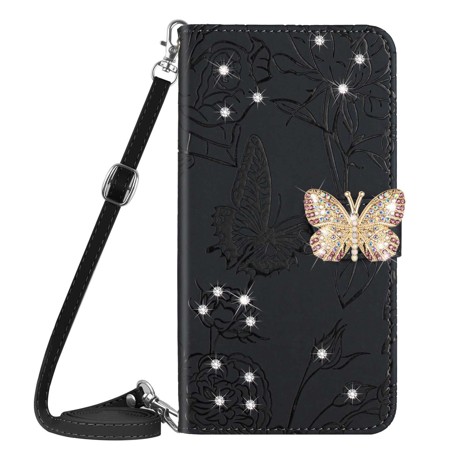 蝶々クリスタルチャーム付き花柄レザー手帳型iPhonケース