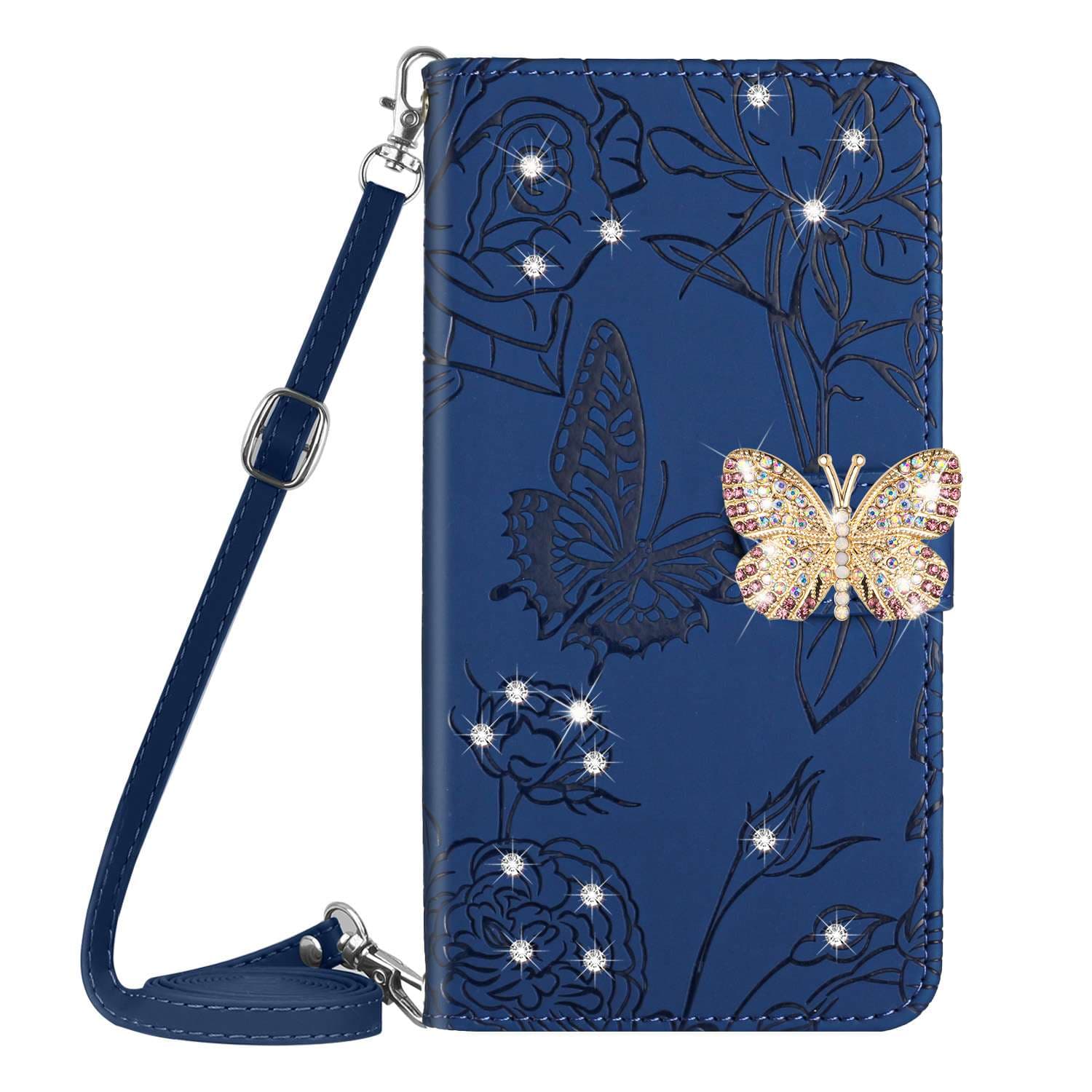 蝶々クリスタルチャーム付き花柄レザー手帳型iPhonケース