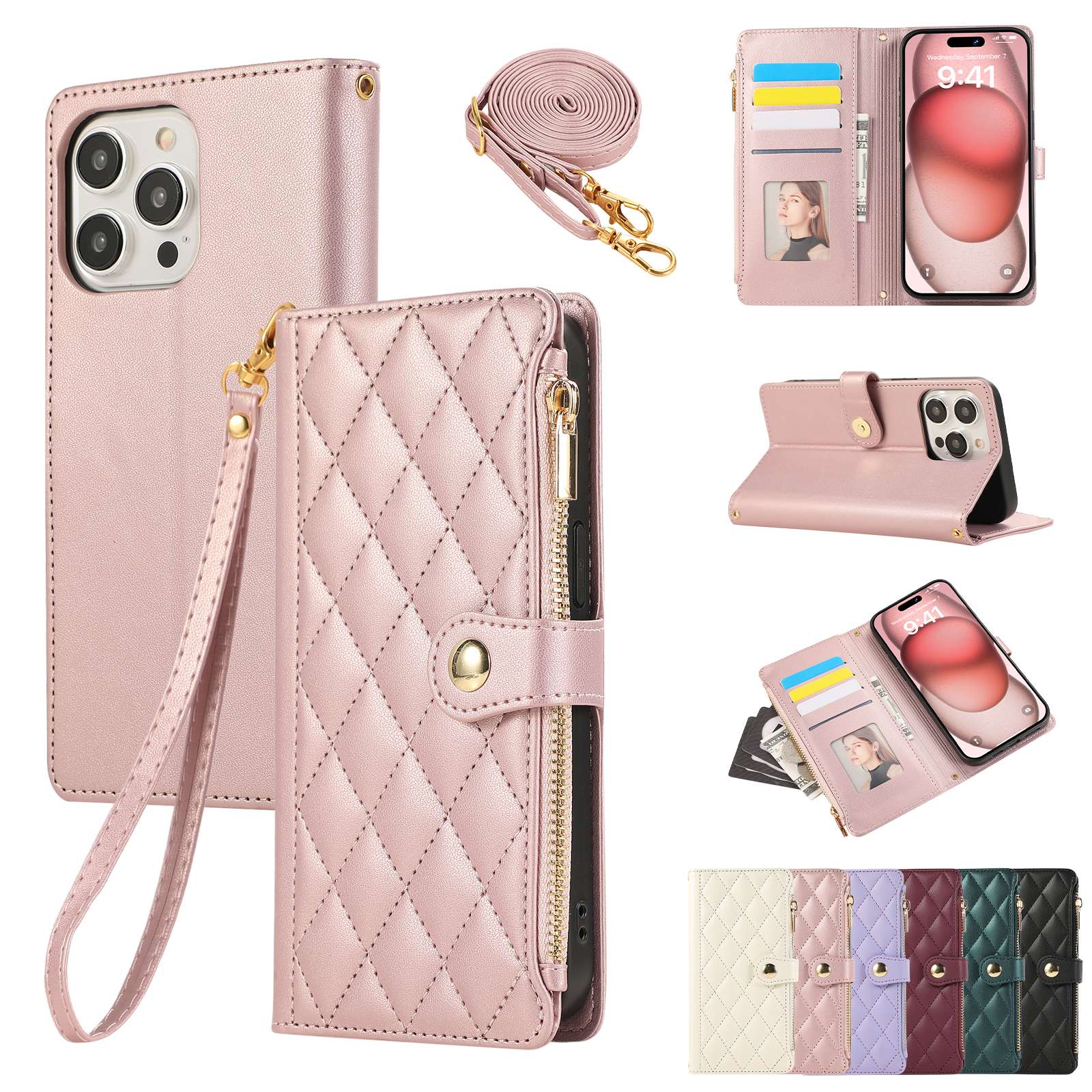 手帳型スマホケース 多機能キルティングレザー手帳型iphoneケース